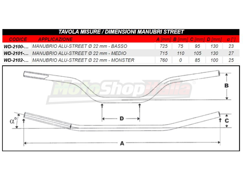 Manubrio Moto Strada Universale Diametro 22 WRP Racing Alu-S